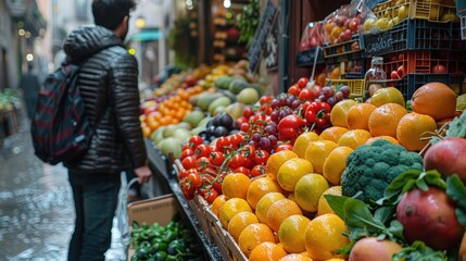 Obraz premium A vibrant market stroll through colorful fruits and vegetables in a lively urban alley on a rainy day. Generative AI