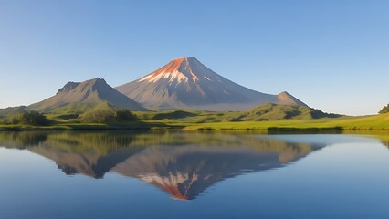 Mountain in the morning light reflected in the peaceful waters of the lake.