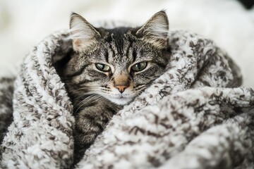 A cozy cat wrapped in a soft blanket, exuding warmth and comfort in a serene indoor setting.