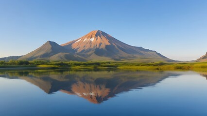 Beautiful mountain in the morning light reflected in the peaceful waters of the lake.