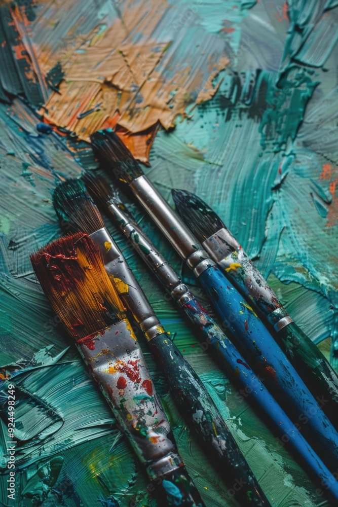 Aufkleber Close-up of paint brushes arranged on a table with various colors and shapes