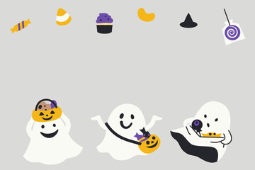 ハロウィンのお菓子とおばけ達のかわいい背景＿大人グレー © yamako