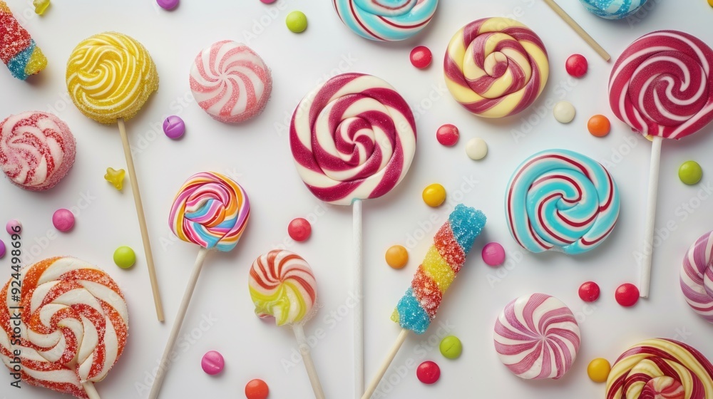 Poster assorted lollipops arranged on a clean white background