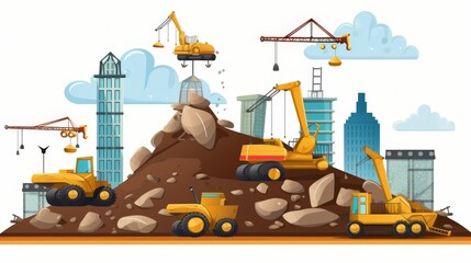 A group of construction vehicles are working on a hill