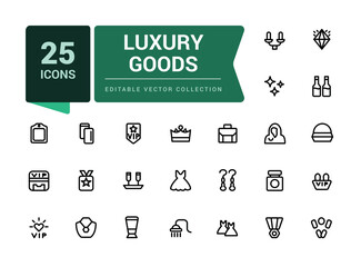 Luxury goods icon set. Related to leather goods. Pixel perfect, minimalistic web and UI icon. Outline icon collections. Editable vector illustration.