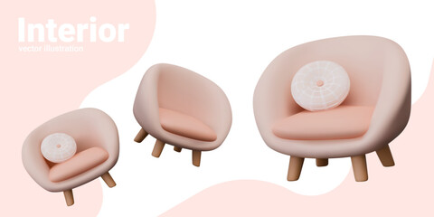 Set of realistic soft chairs in different positions. Furniture for comfortable rest, relaxation