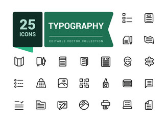 Typography icon set. Creativity and graphic design related editable stroke outline icons set. Pixel perfect, minimalistic web and UI icon. Outline icon collections.
