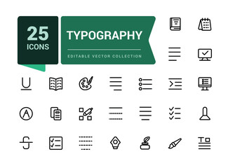 Typography icon set. Creativity and graphic design related editable stroke outline icons set. Pixel perfect, minimalistic web and UI icon. Outline icon collections.