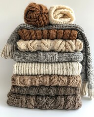 stack of folded textile, knitted items in gray and beige tones on white background. cleaning, house order , organization of space. cozy winter