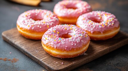 Pink Glazed Donuts with Sprinkles on Wooden Board.