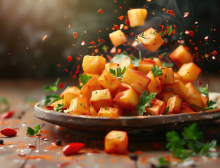 High Speed Photography of Patatas Bravas Ingredients, Creative Spanish Food