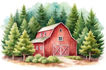 Watercolor Painting of a Red Barn in a Forest isolated on white background