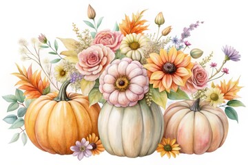 Watercolor Autumn Floral Arrangement with Pumpkins isolated on white background