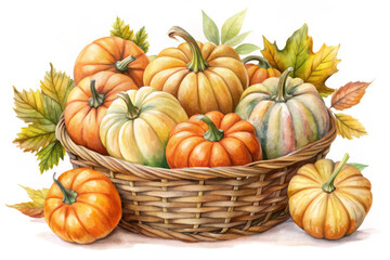 Watercolor Painting of Pumpkins in a Basket with Autumn Leaves isolated on white background