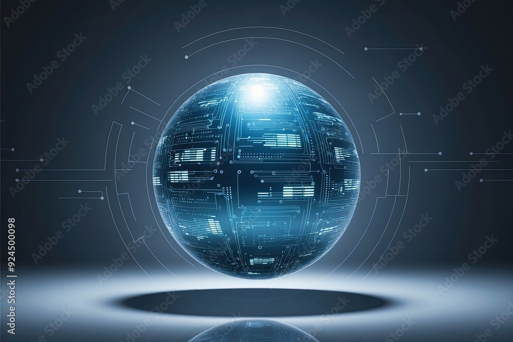 Poster captivating 3d tech sphere on a shadowy background reflecting data and evolution