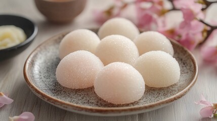 Traditional Asian Rice Balls on Bamboo Mat with Tea