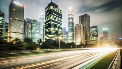 Obraz premium A bustling city street at night with bright lights and moving traffic, showcasing the urban skyline and skyscrapers in a vibrant cityscape