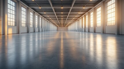 Empty warehouse space with large windows and light.