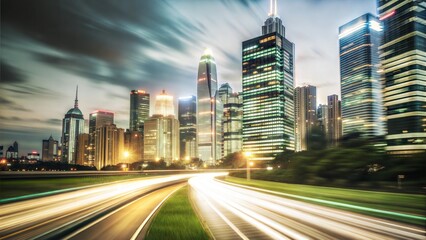 Fototapeta premium A bustling city street at night with bright lights and moving traffic, showcasing the urban skyline and skyscrapers in a vibrant cityscape