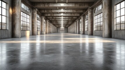 Large industrial warehouse with polished floor and lighting