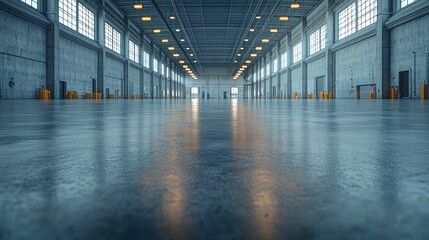 Large empty warehouse interior with windows and lights