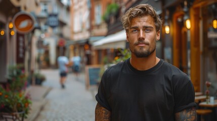 Fototapeta premium A stylish young man stands confidently in a quaint cobblestone alley filled with charming cafés during the golden hour. Generative AI
