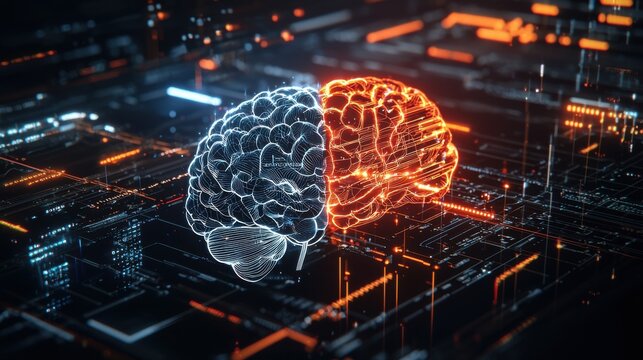 A futuristic game show logo showcasing a split-screen design, with a highly detailed robot brain on one side and a vibrant human brain on the other, surrounded by neon lights and binary code effects