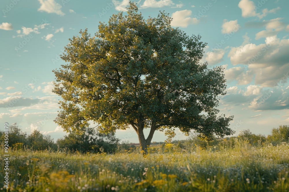 Poster a single tree stands tall in a green grassy field, surrounded by fluffy white clouds