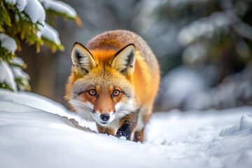 Fototapeta premium fox stalk and hunt prey on snow in winter