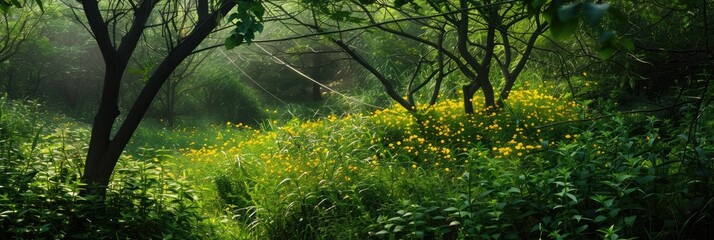 A breathtaking natural scene featuring cable lines that create a vivid contrast against vibrant yellow flowers and dense greenery.