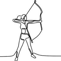 Fototapeta premium Single continuous line drawing of young professional archer woman focus aiming archery target