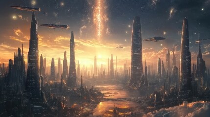 Obraz premium Futuristic Cityscape with Flying Ships.