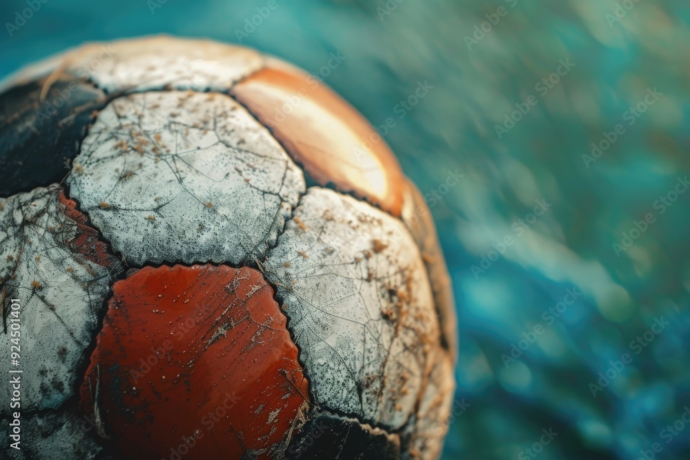 Poster a close-up view of a soccer ball partially submerged in water, great for use as a background or text