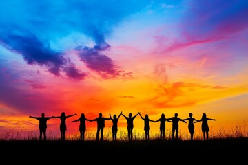 Fototapeta premium A group of friends standing in silhouette against the sky at sunset, arms outstretched, conveying a sense of friendship and togetherness.