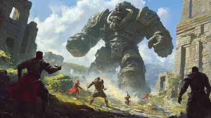 Fototapeta premium Giant Stone Warrior Facing Knights.