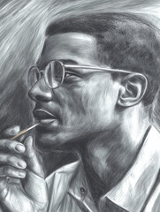 Obraz premium Black and white drawing of a Black man with glasses holding a pencil in his mouth