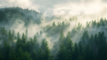 Fototapeta premium Sunbeams illuminate a misty forest, creating a magical and serene atmosphere.