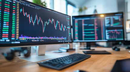 Stock market performance statistics displayed on computer screens, stock market economy or business analysis