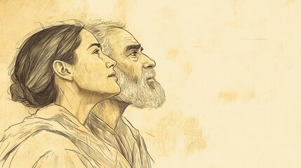 Judges: The Song of Deborah and Barak, Final Verse, Deborah and Barak Looking Towards Future with Hope, Biblical Illustration, Bible Wall Art on Beige Background