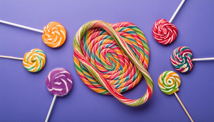 top view arrangement of lollipop candies isolated purple background