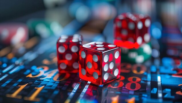 A Close-Up View of Vibrant Red Dice on a Colorful Gaming Surface, Capturing the Excitement and Anticipation of Casino Play in a High-Stakes Atmosphere.