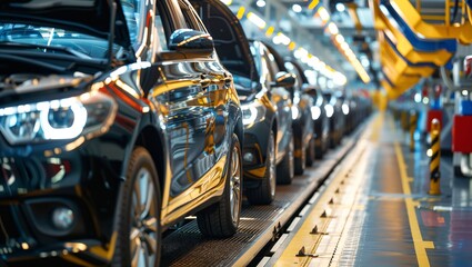 Fototapeta premium A Glimpse into the Modern Car Manufacturing Process: Rows of Black Cars Awaiting Their Final Touches in a High-Tech Assembly Line, Radiating Innovation and Precision in Production.