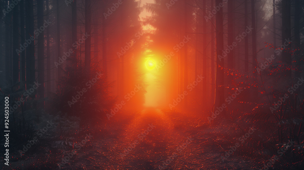 Poster mysterious forest path illuminated by a glowing orange light..