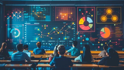 Engaging Data Visualization Session with Enthusiastic Learners Analyzing Complex Charts and Graphs in a Dynamic Educational Environment for Enhanced Learning Experiences