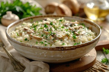 A bowl of creamy mushroom risotto garnished with parsley, showcasing a delicious meal.