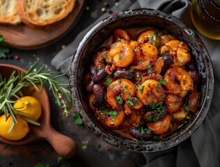 Close up of grilled octopus Pulpo a la Gallega with fresh lemon and herbs on dark background