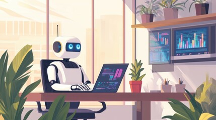 Robot Working on a Laptop in a Modern Office.