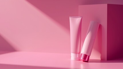 Beauty products in the studio. Cosmetic products on pink background.