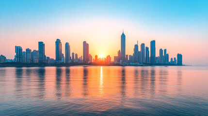 Obraz premium Scenic skyline at sunset with tall buildings by the sea.