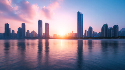 Fototapeta premium Sunrise reflecting on water with city skyline in view.